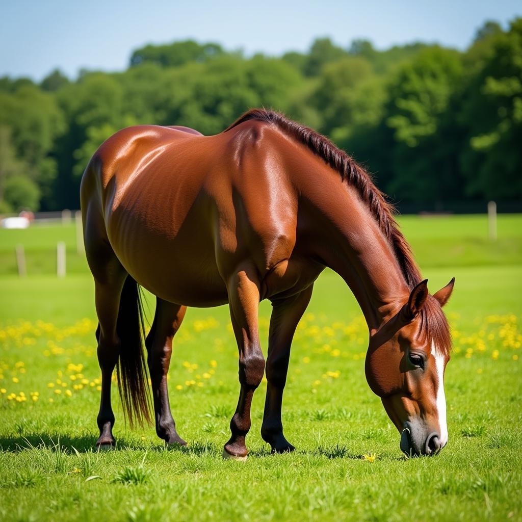 A Healthy Horse Grazing in a Pasture