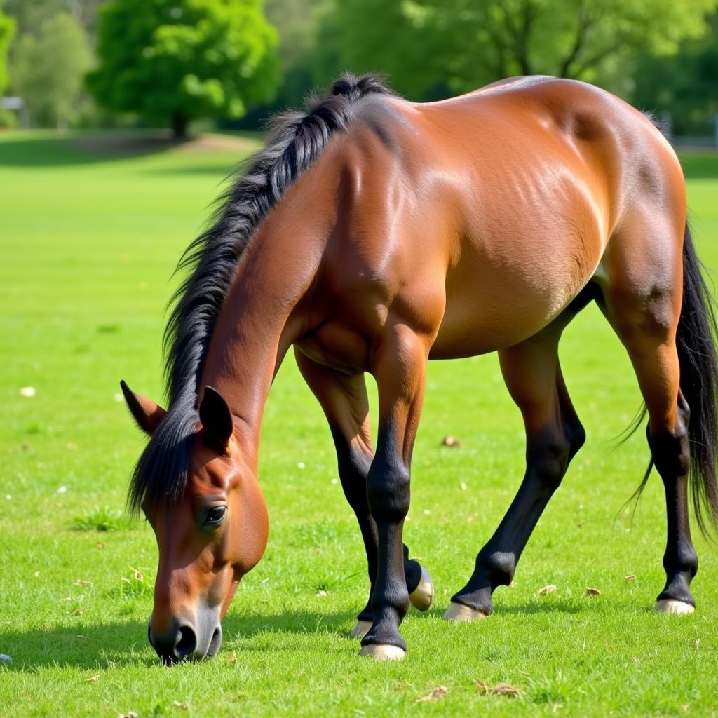 A healthy miniature horse grazing peacefully in a lush pasture.