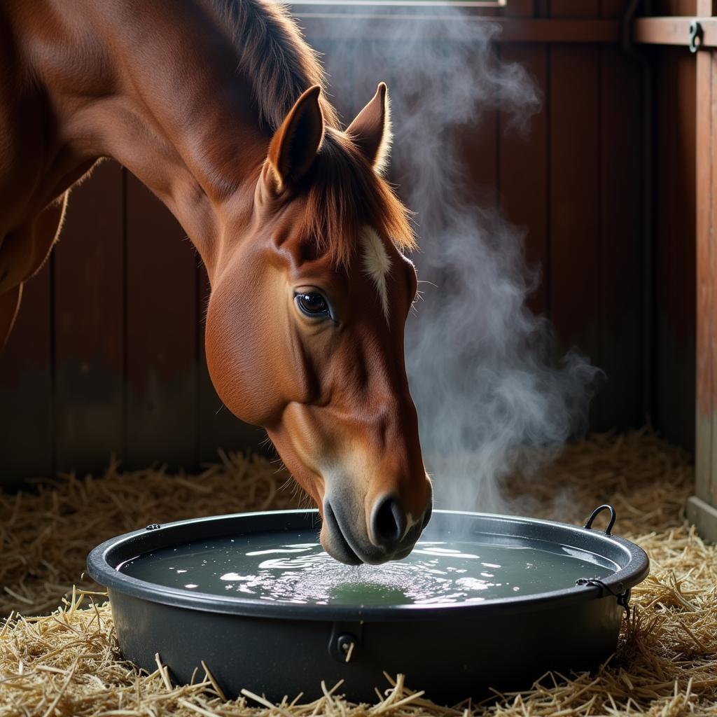 Horse Drinking from a Heated Water Bucket in a Winter Stall