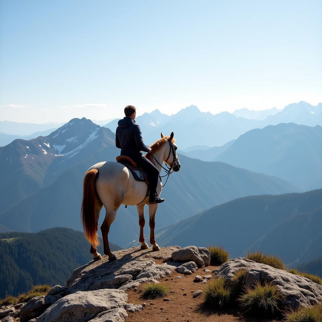 Horse and rider reaching a mountain summit, showcasing a successful high-altitude ride.