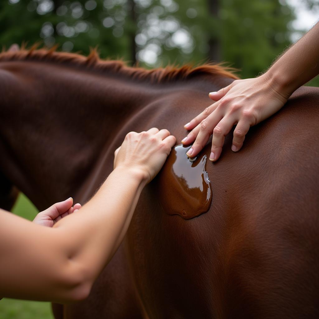 Applying Camellia Oil to a Horse's Coat