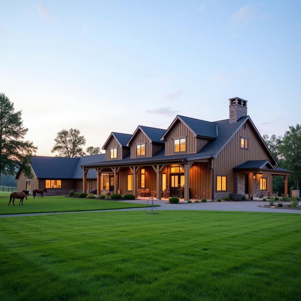 Exterior view of a luxurious horse barn house combo