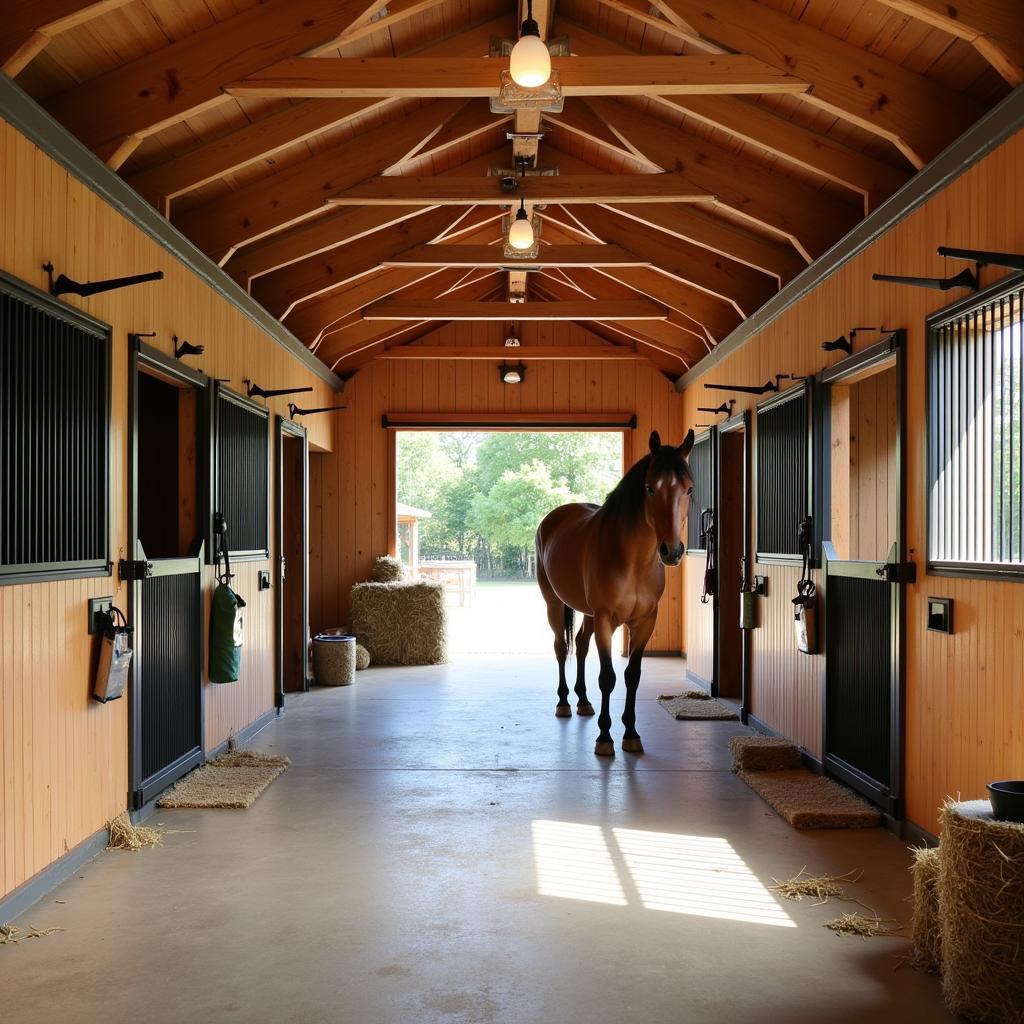 Interior view of the stables in a horse barn house combo