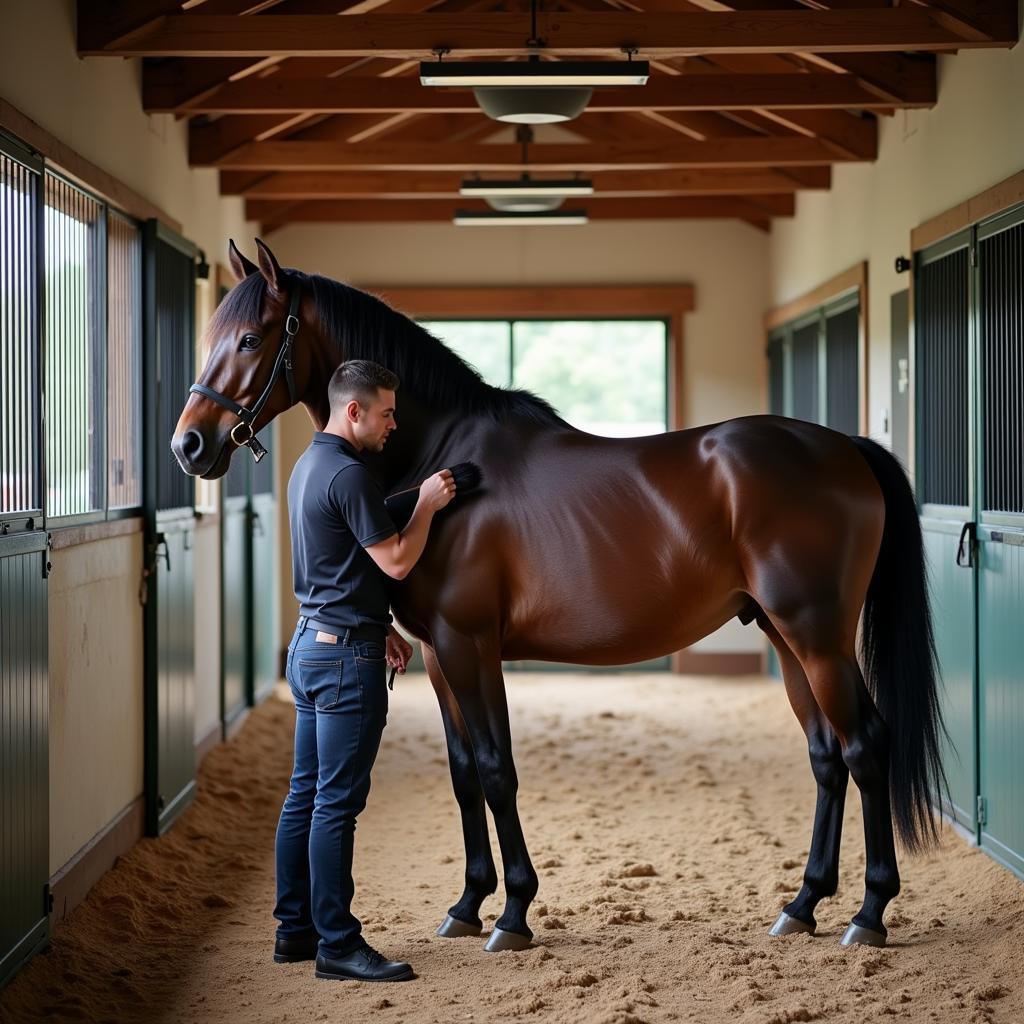 Horse Being Groomed in New Stable