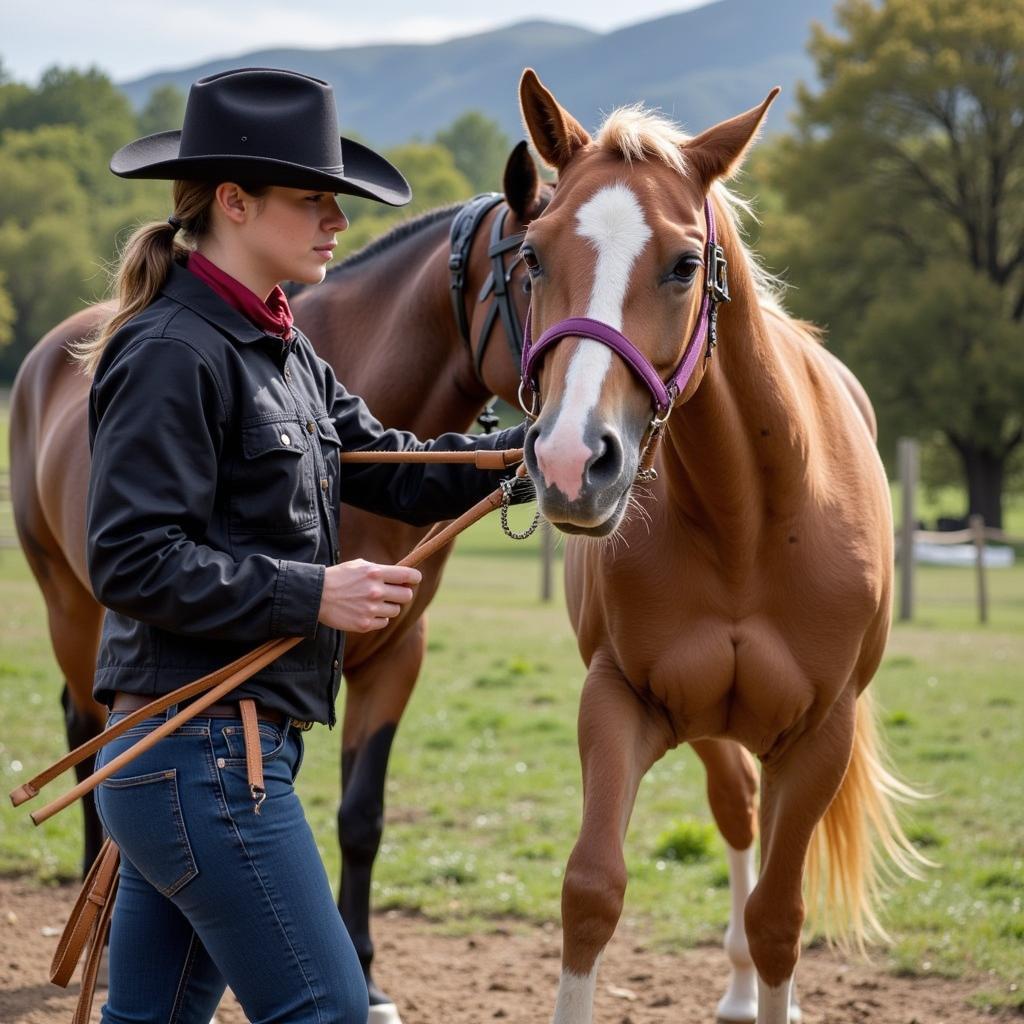 Horse undergoing bosal training