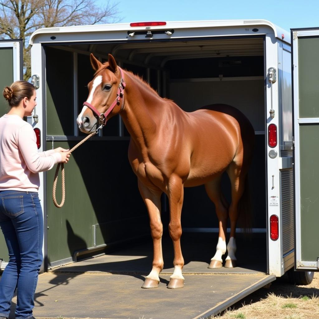 Horse being unloaded from a trailer after transport