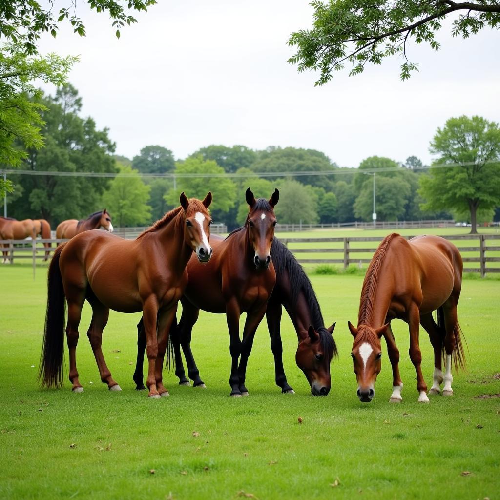 Healthy and content horses enjoying turnout time in a Madison, WI pasture