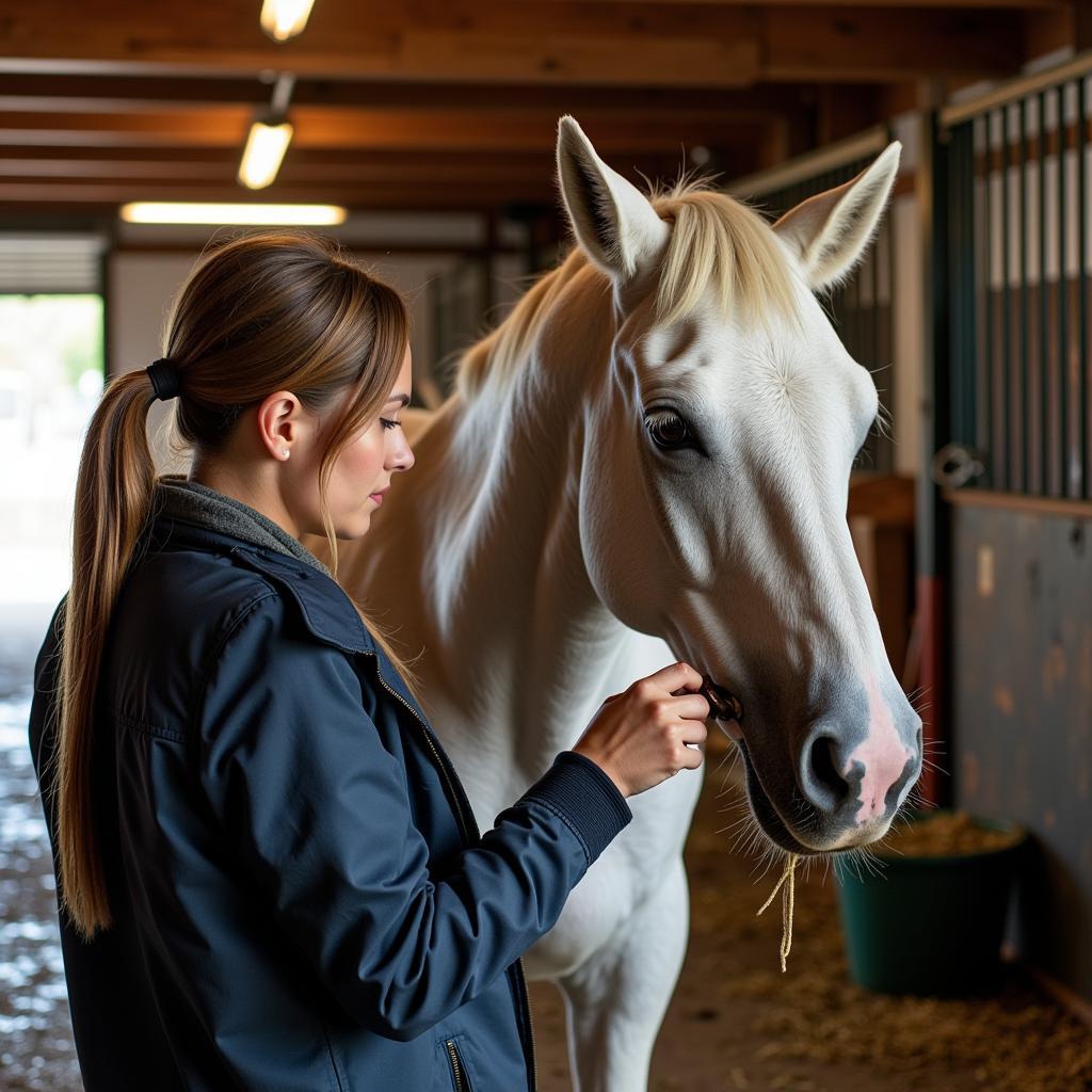 Horse owner grooming their horse in a well-maintained stall at a Madison, WI boarding facility