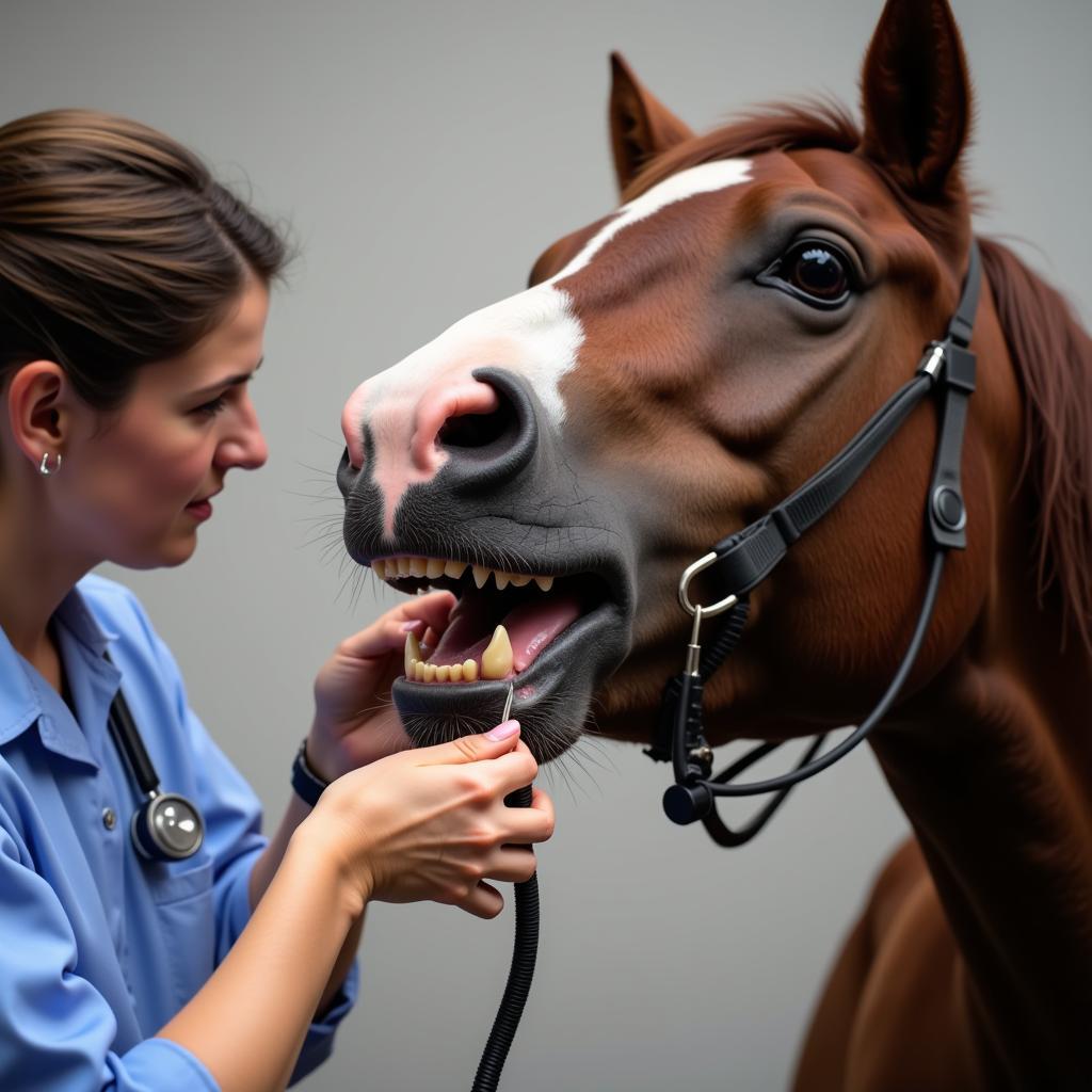 Veterinarian Examining Teeth of a Dish Faced Horse