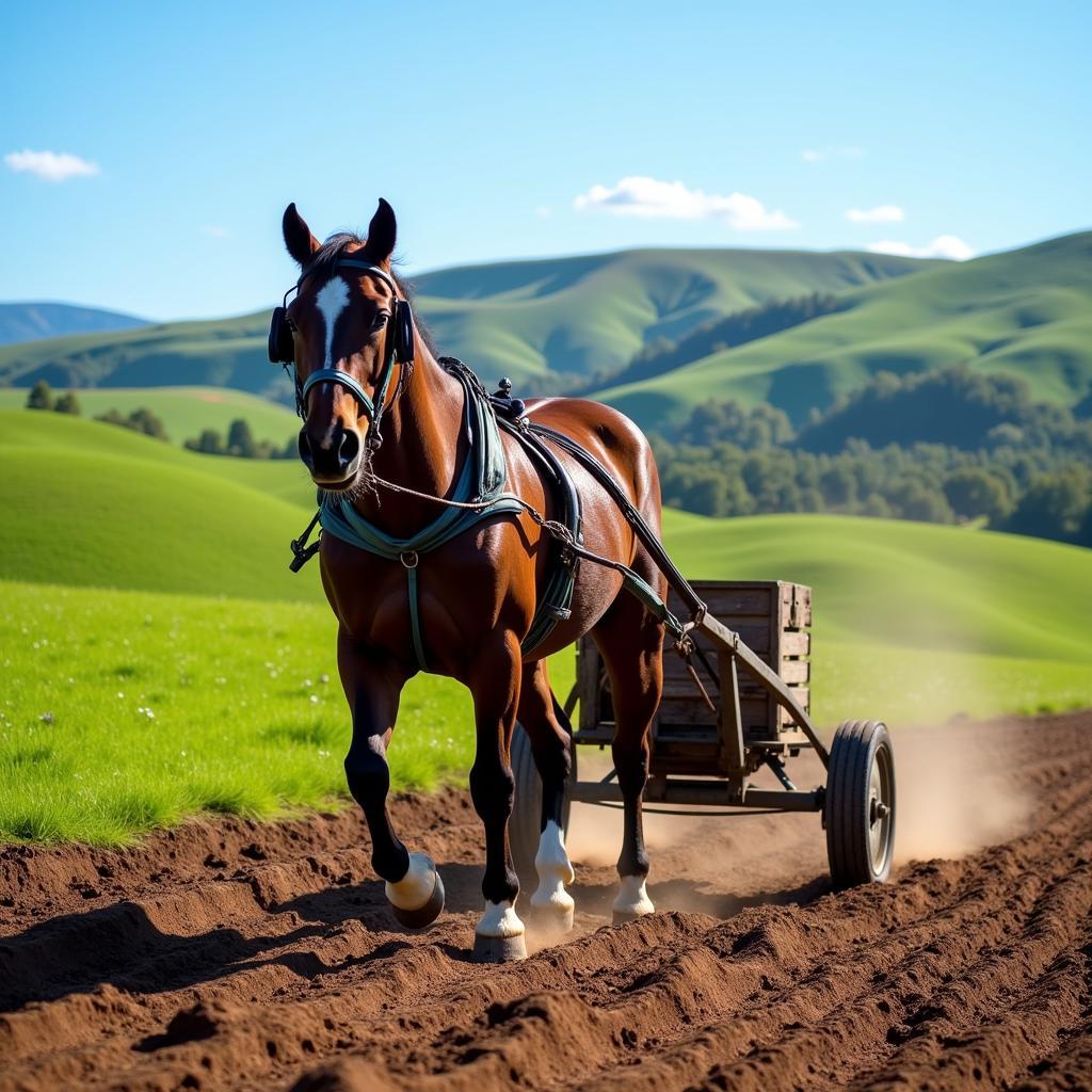 Horse drawn plow cultivating a field on a sustainable farm