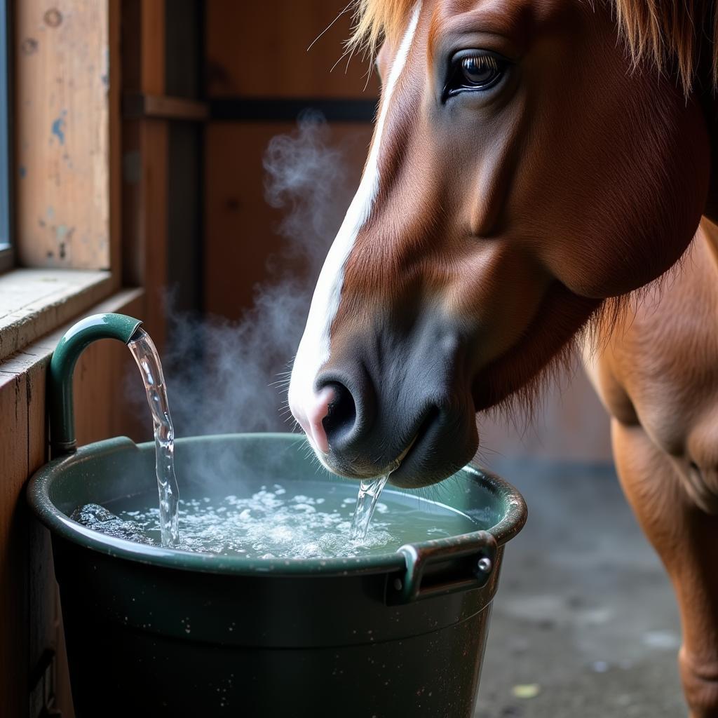 Horse enjoying warm water from a heated bucket in a stable