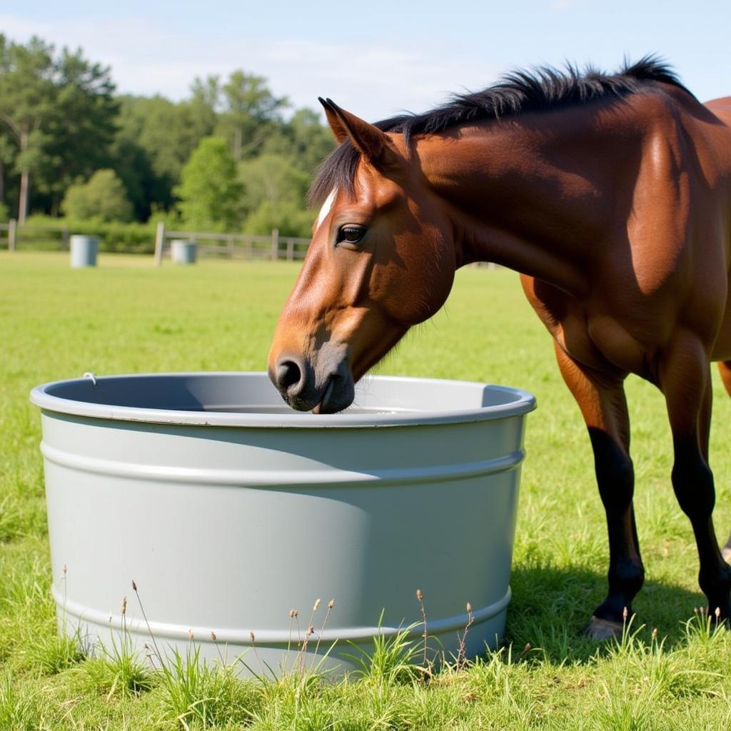 Horse Comfortably Drinking from a Water Tub