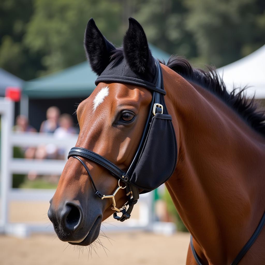 Horse wearing ear muffs during a competition