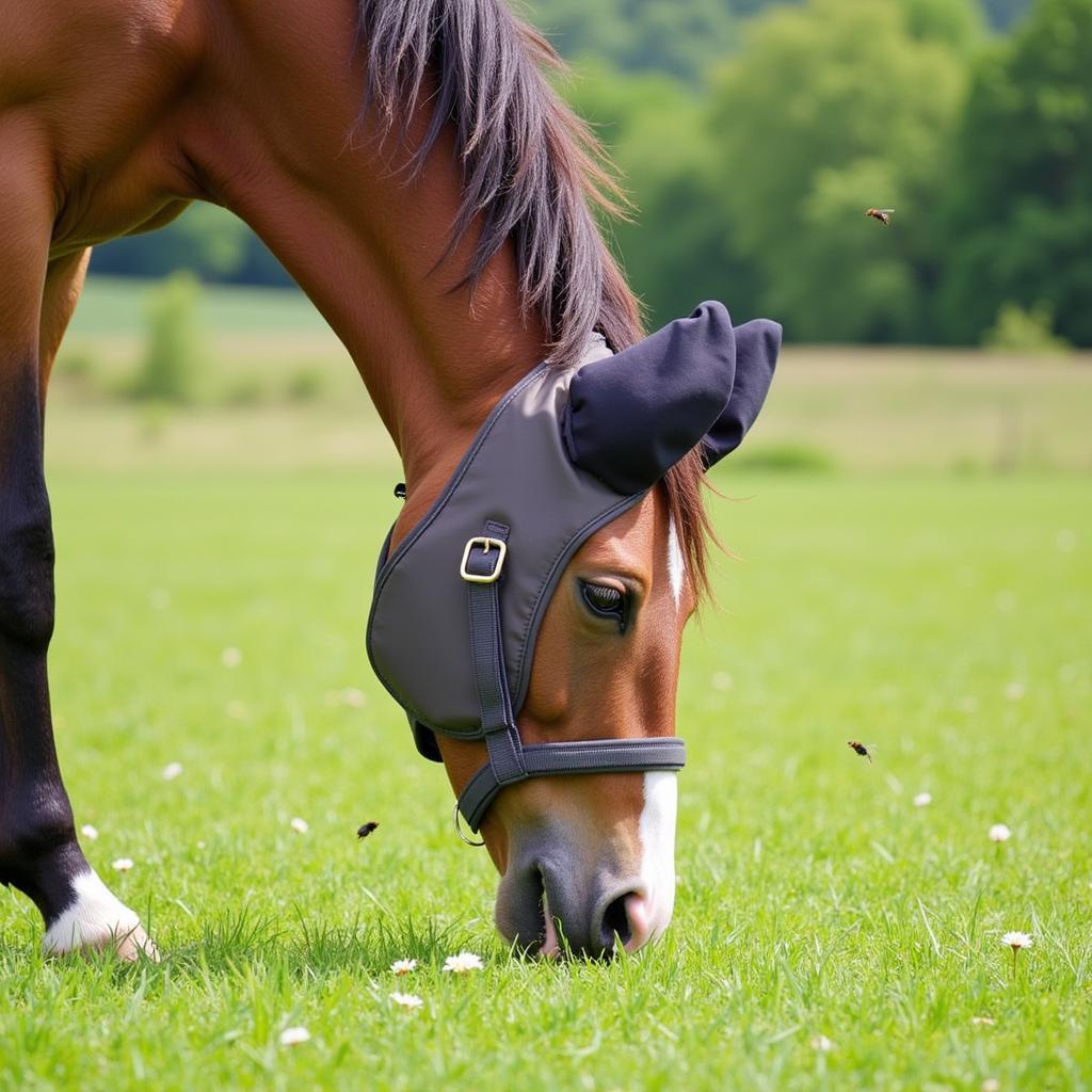 Horse wearing ear muffs for insect protection in a pasture