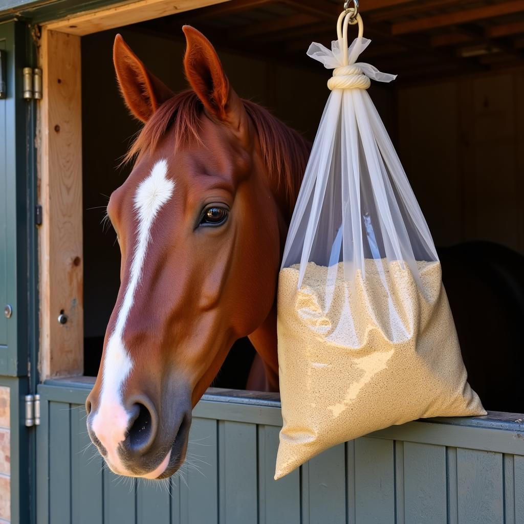 Horse Eating Beet Pulp from a Feed Bag