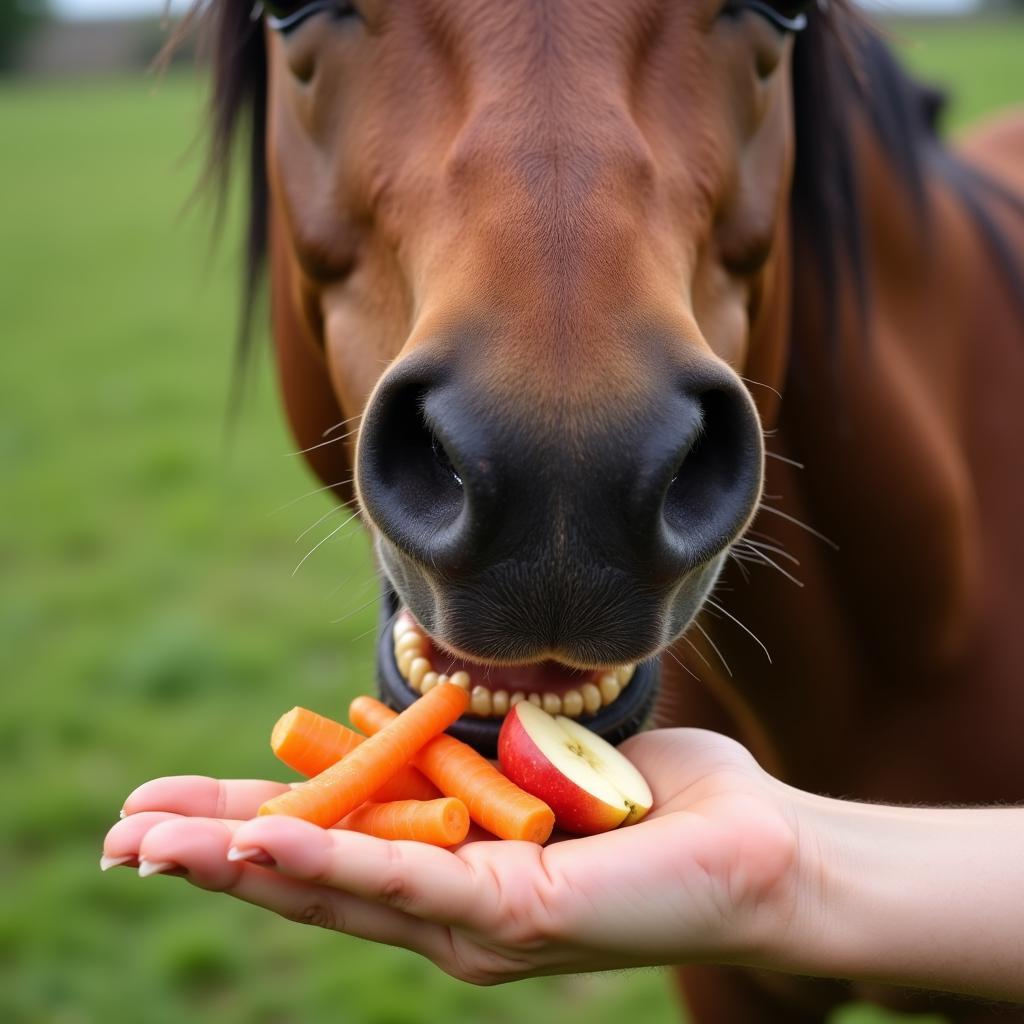 Horse Enjoying Carrots and Apples