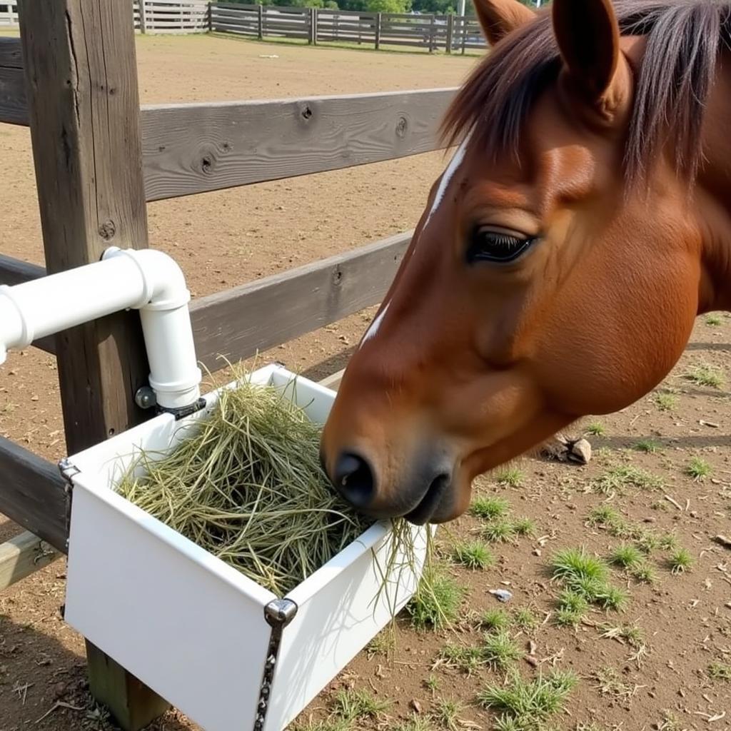 Horse enjoying hay from a DIY PVC pipe feeder