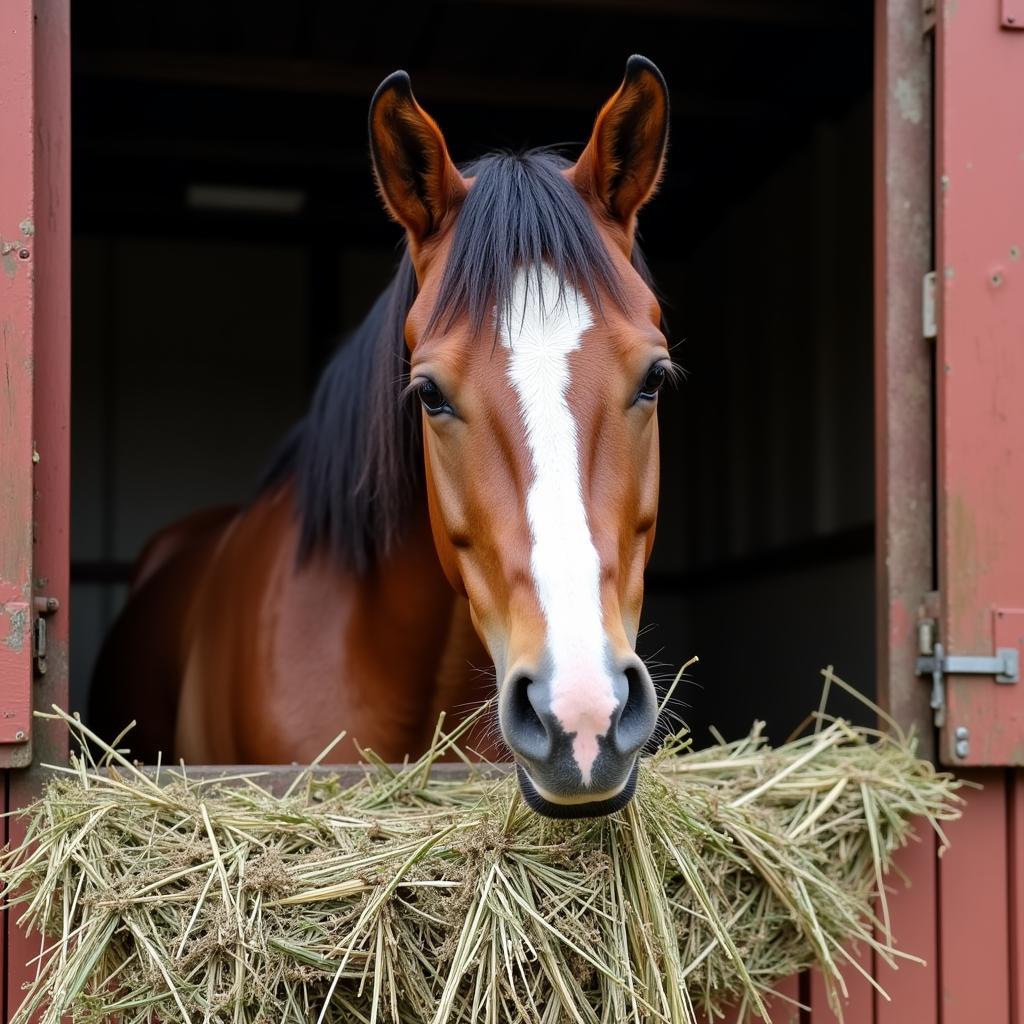 Horse Enjoying Haystack Feed