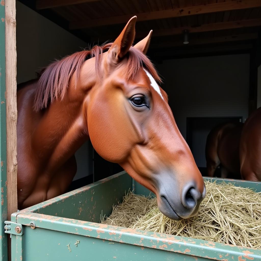 Horse Eating Hay in a Stable