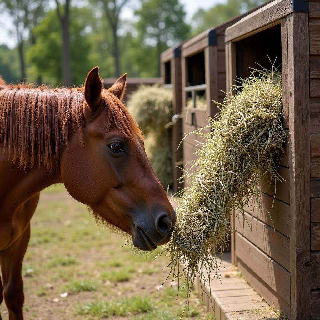 Horse Eating Hay from a Feeder