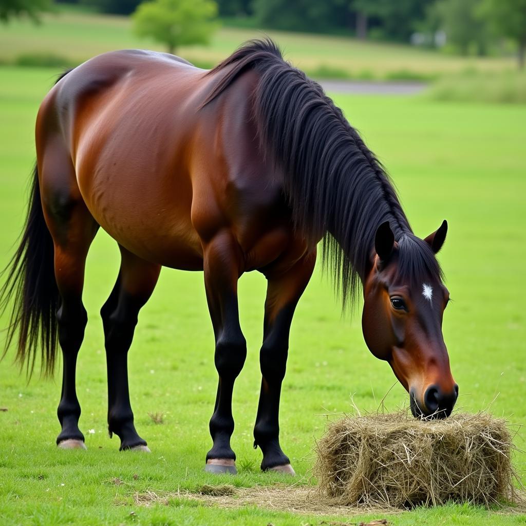 Horse Eating Hay in a Field