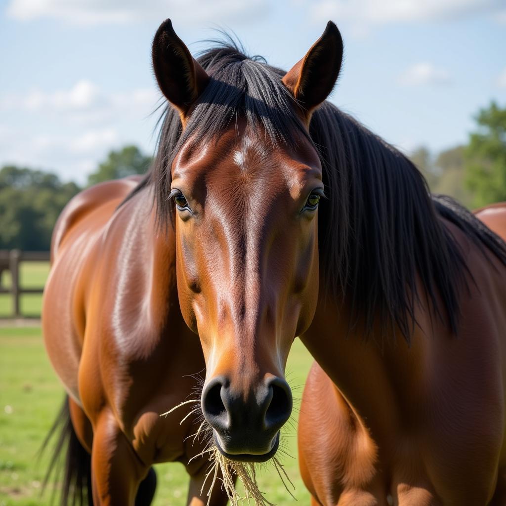 Horse eating hay with improved coat condition after prebiotic supplementation