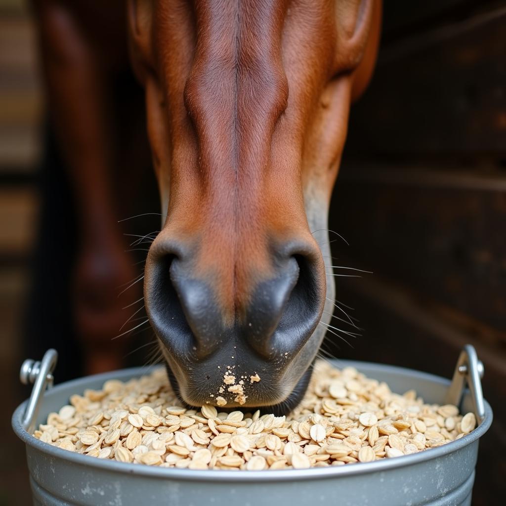 Horse eating oats from a bucket