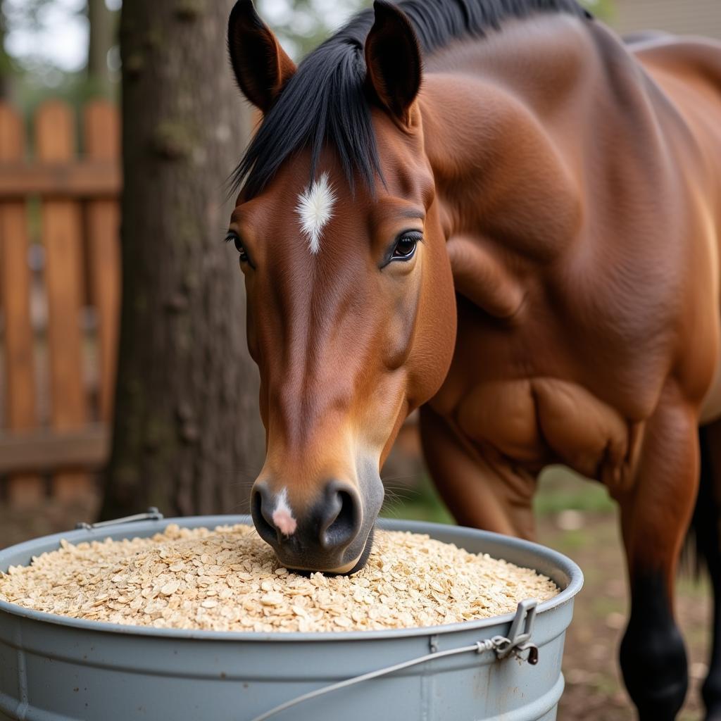 Horse Enjoying Oats from a Bucket