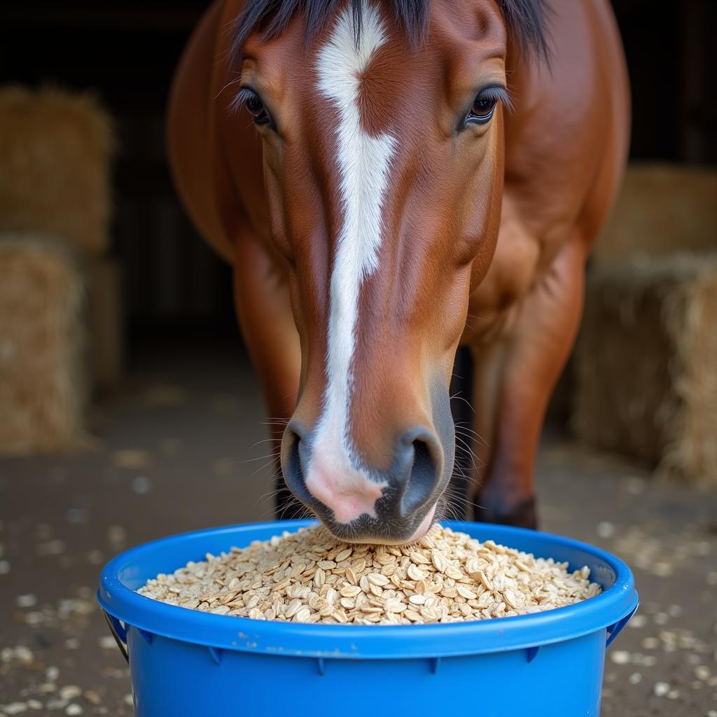 Horse Enjoying Oats from a Bucket