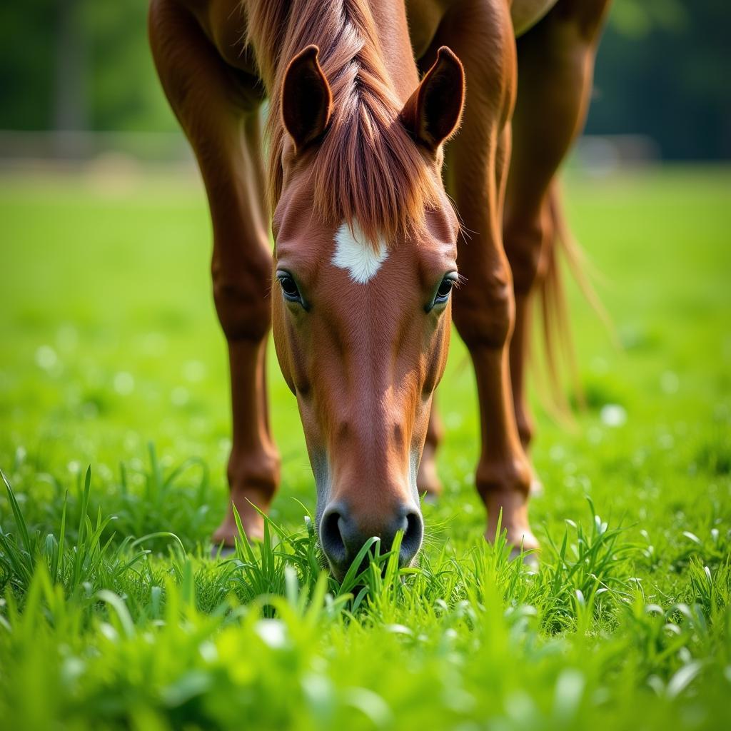 Horse Enjoying Fresh Pasture Grass