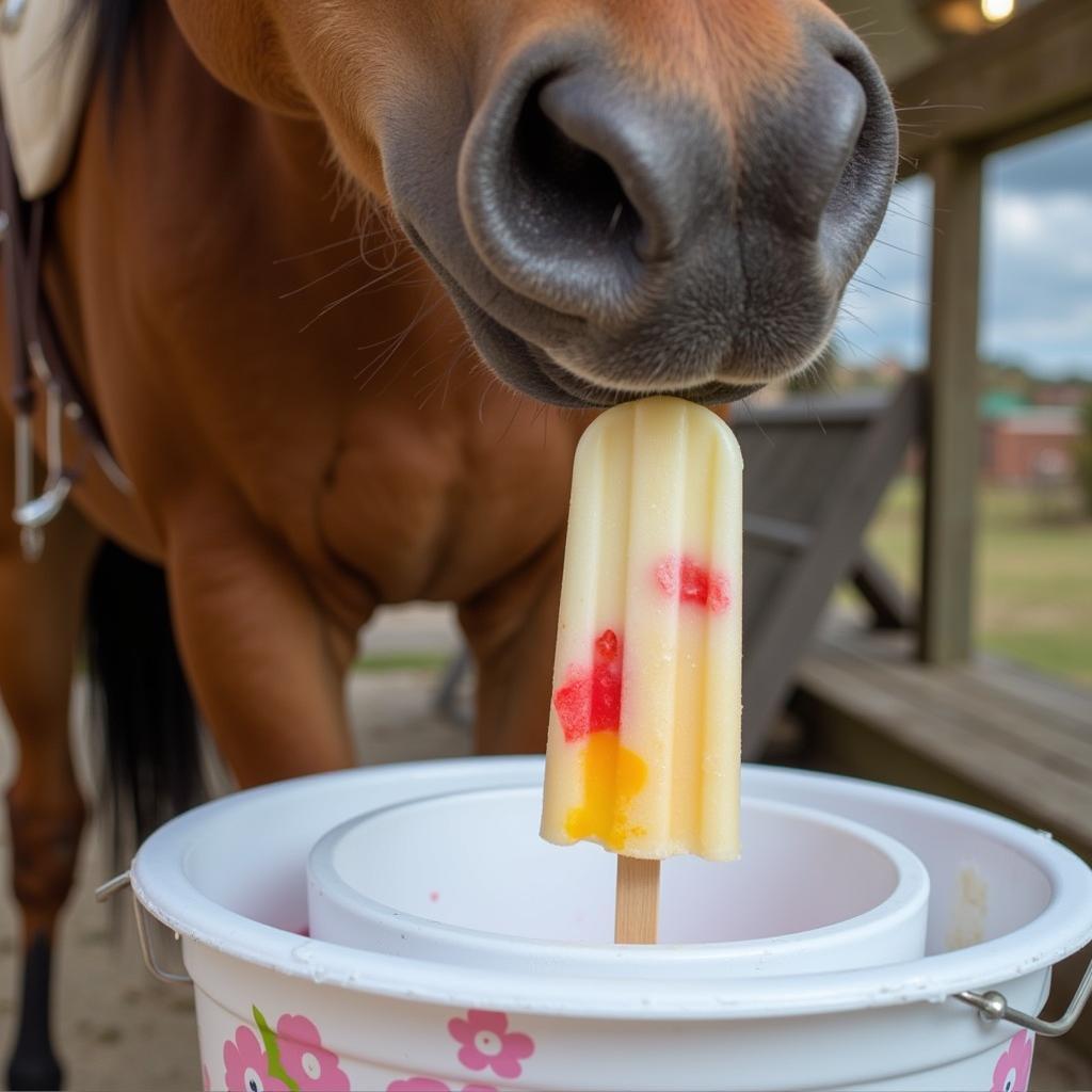 Horse Eating a Popsicle From a Bucket