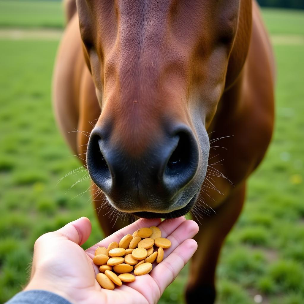 Horse Enjoying Pumpkin Seeds from Owner's Hand