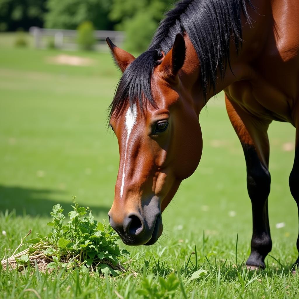 Horse enjoying herbal treats in a pasture