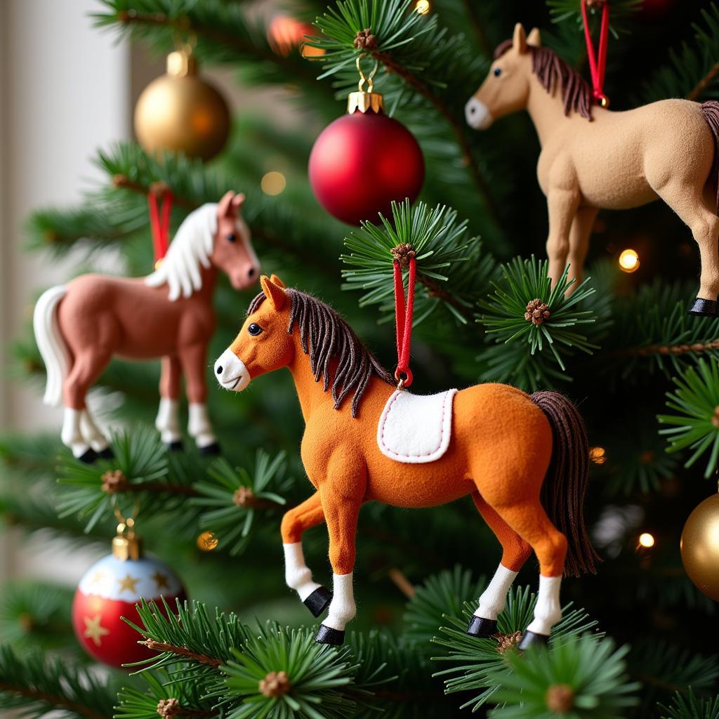 Horse felt ornaments decorating a Christmas tree