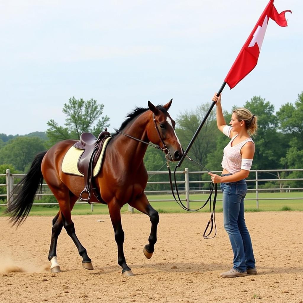 Horse and handler practicing basic flag training exercises