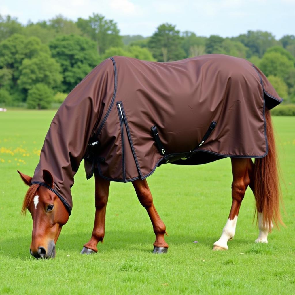 A horse comfortably grazing in a pasture while wearing a well-fitted hooded blanket, demonstrating the freedom of movement and protection it provides.