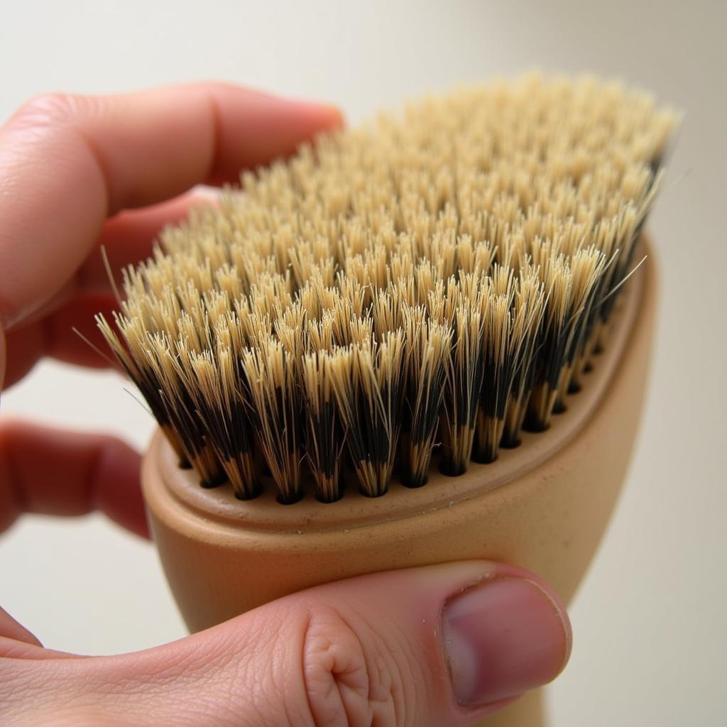 Close-up view of a horse hair beard brush showing the soft bristles