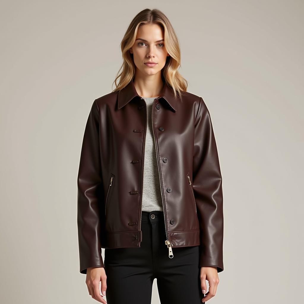 Model wearing a stylish horse hide leather jacket