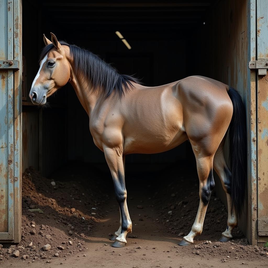 A horse suffering from extreme neglect, standing in a dirty stall with visible ribs, a matted coat, and a despondent expression. This image depicts the harsh realities of "horse hell."