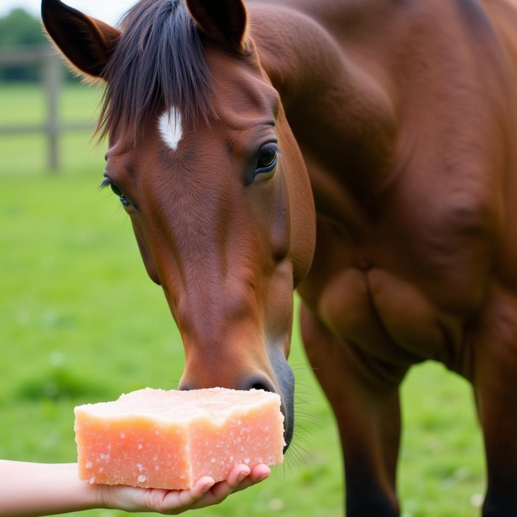 Horse Licking a Himalayan Salt Mineral Block