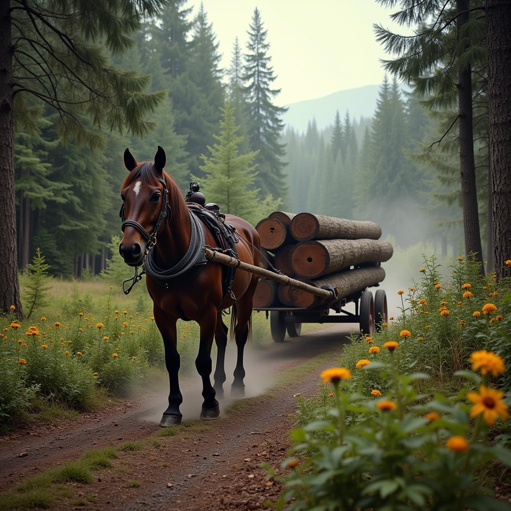 Horse Logging in Forest