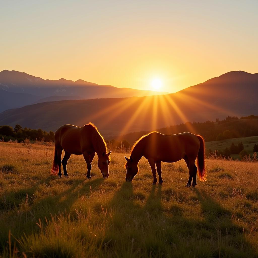 Horses grazing at sunset on a horse mountain ranch