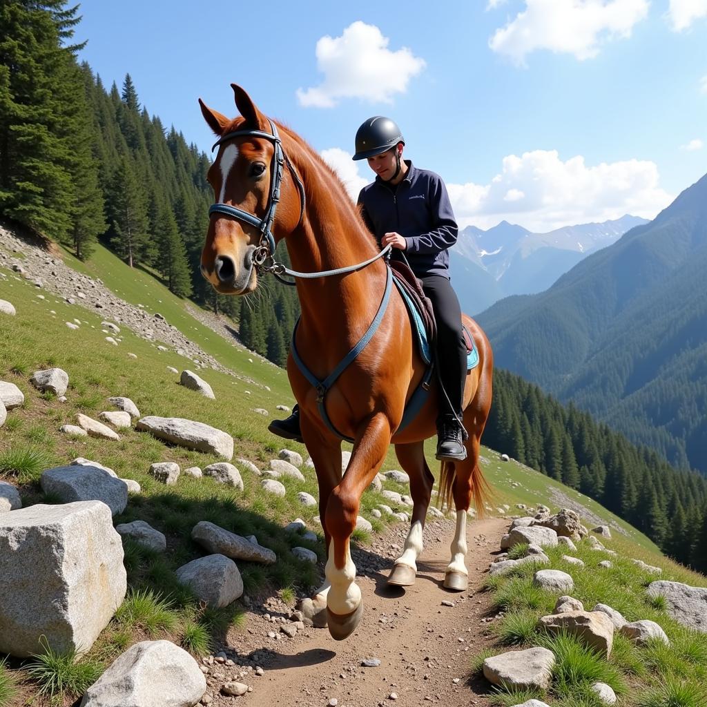 Horse undergoing mountain riding training, navigating rocky terrain and obstacles.