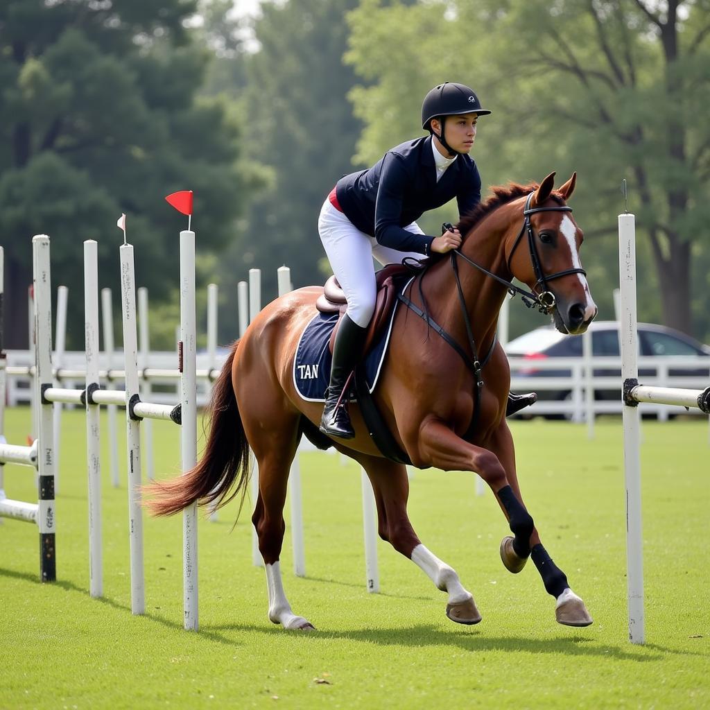 Rider expertly maneuvers through poles in a mounted bending race