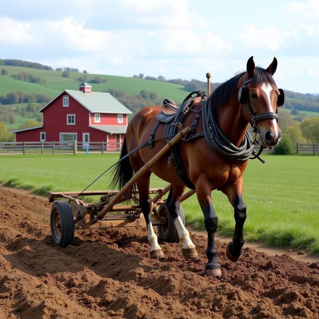 Horse Plowing Field with Traditional Plow