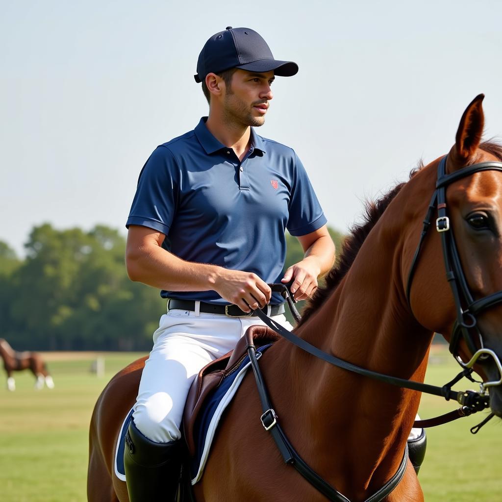 A player wearing a perfectly fitted horse polo jersey.