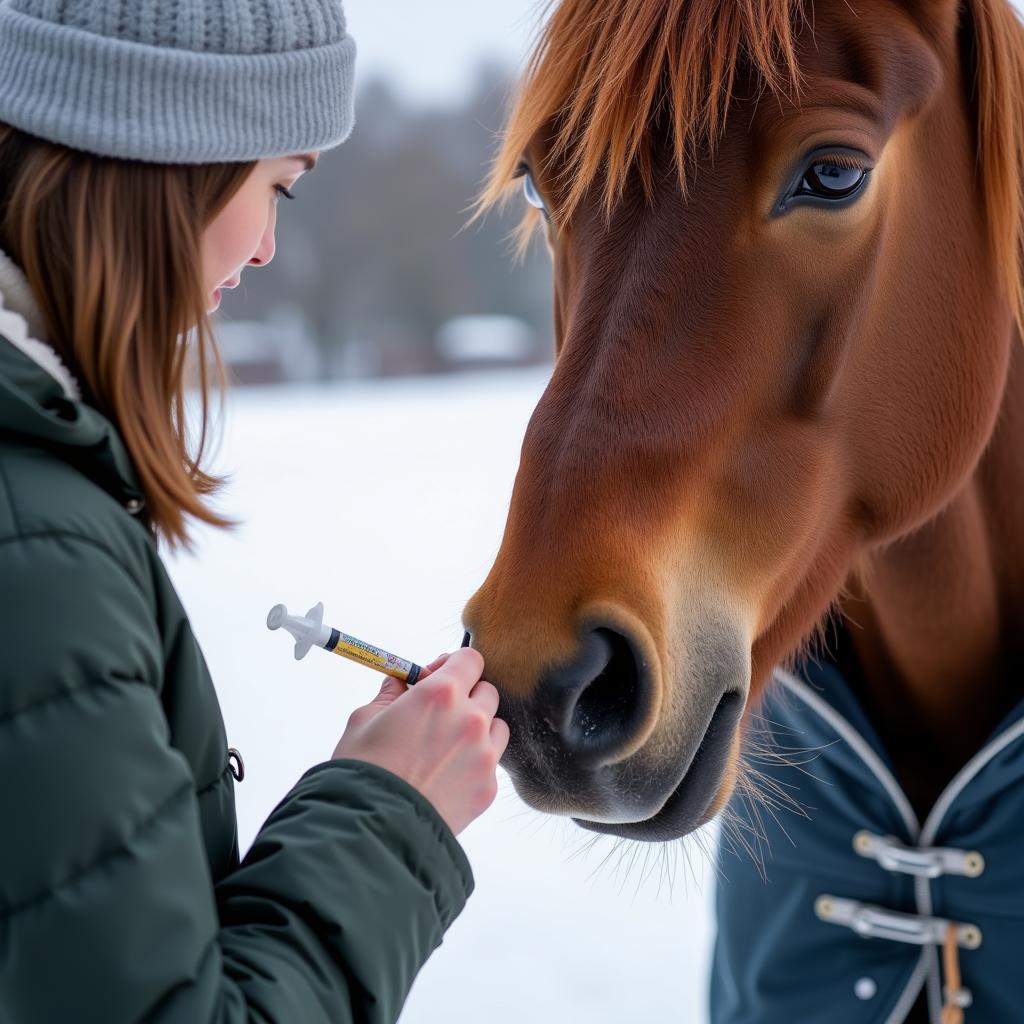 Horse receiving dewormer in winter