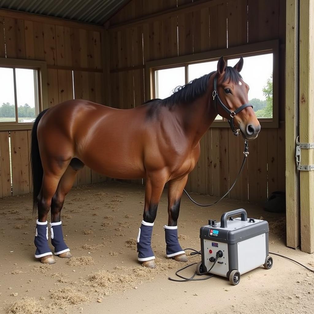 Horse receiving Spryng therapy in a stable.