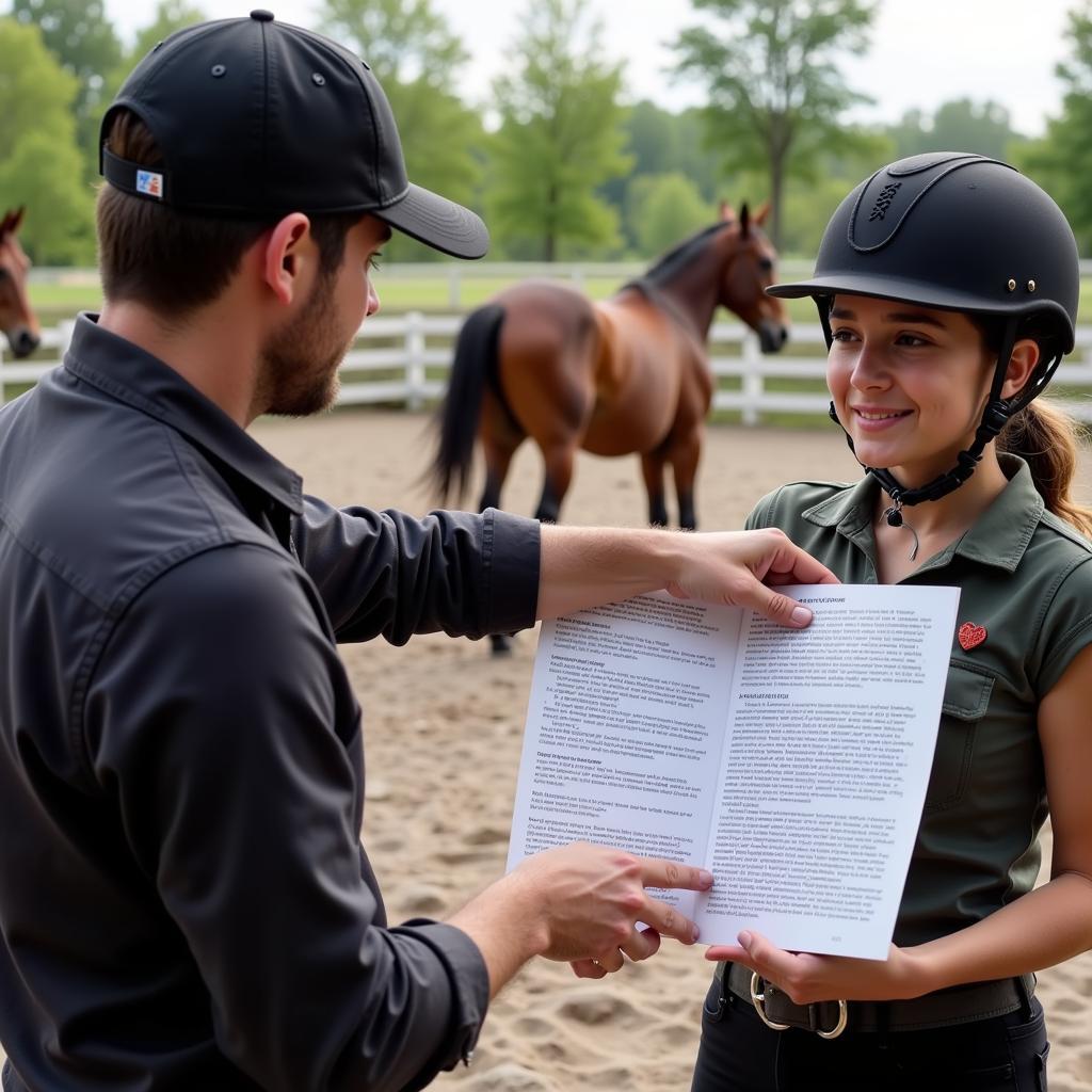 Horse Rider and Instructor Discussing Liability Waiver