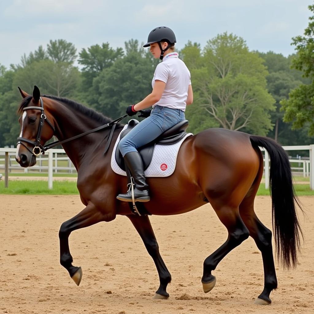 Horse and rider practicing dressage movements in a training session.